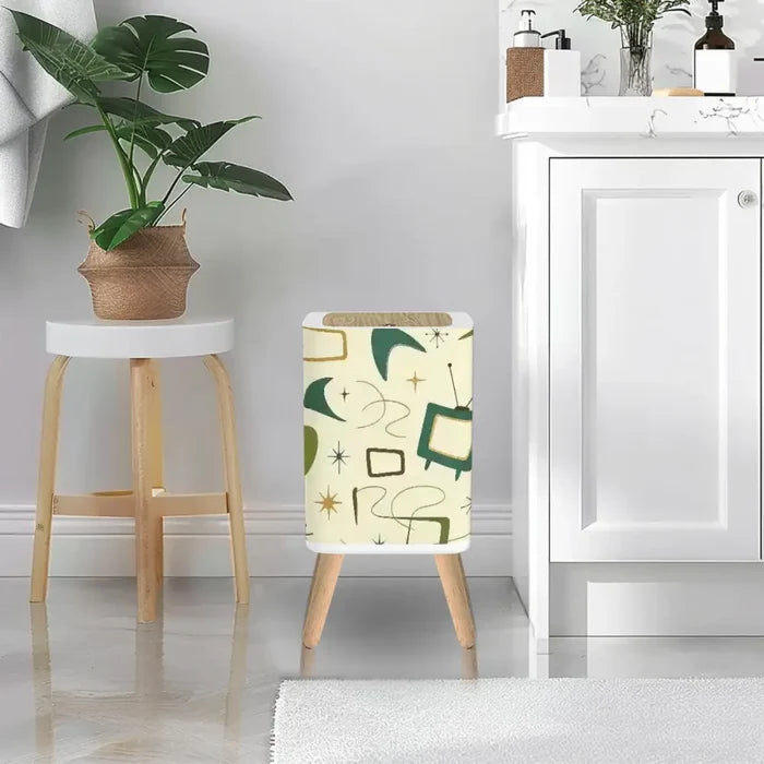 Retro Scandi Square Small Trash Can with Lid 50s Motif Pattern Beige - One Size - retro tash cans