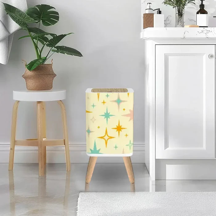 Retro Scandi Square Small Trash Can with Lid Stars Christmas Celestial Vanilla - One Size - retro tash cans