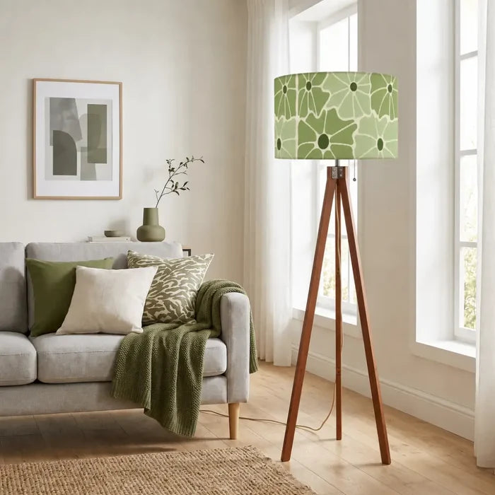 Retro Scandi Tripod Floor Lamp - Green White 70s Abstract Flowers - retro floor lamps