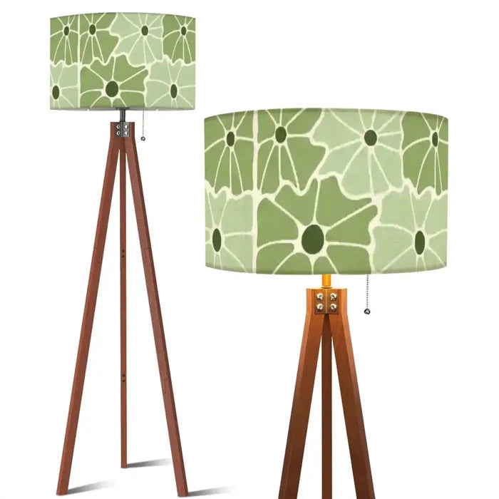 Retro Scandi Tripod Floor Lamp - Green White 70s Abstract Flowers - US Plug - retro floor lamps