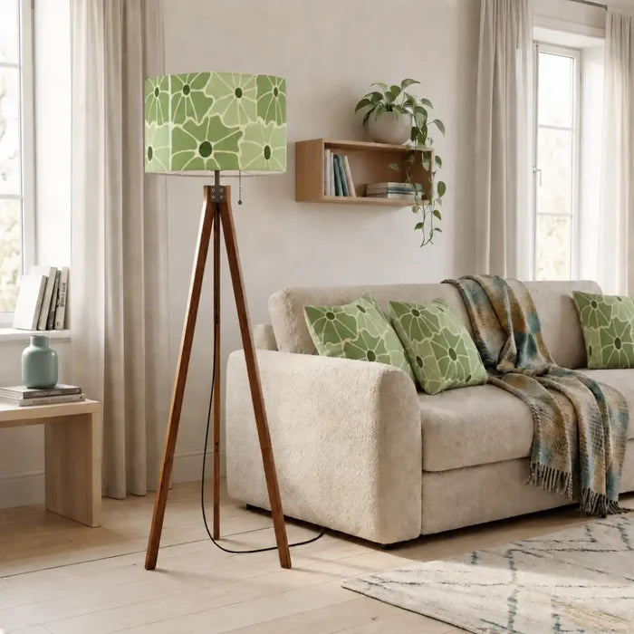 Retro Scandi Tripod Floor Lamp - Green White 70s Abstract Flowers - retro floor lamps