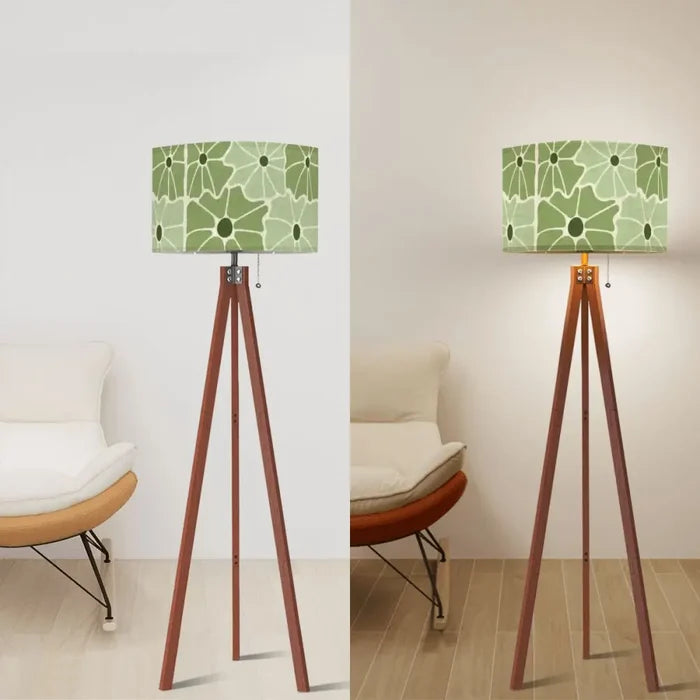 Retro Scandi Tripod Floor Lamp - Green White 70s Abstract Flowers - retro floor lamps