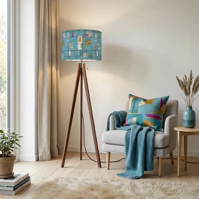 Retro Scandi Tripod Floor Lamp: 1960s Pattern Linen Shade Smart LED Remote - retro floor lamps