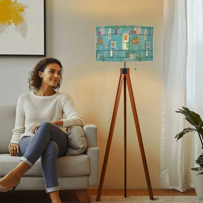 Retro Scandi Tripod Floor Lamp: 1960s Pattern Linen Shade Smart LED Remote - retro floor lamps
