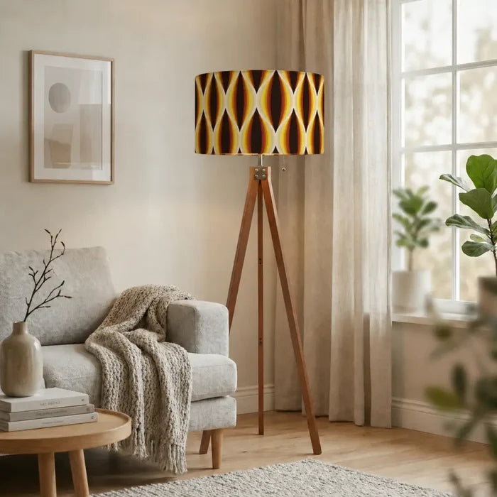 Retro Scandi Wooden Tripod Floor Lamp - 1960s Honeycomb Pattern Print - retro floor lamps