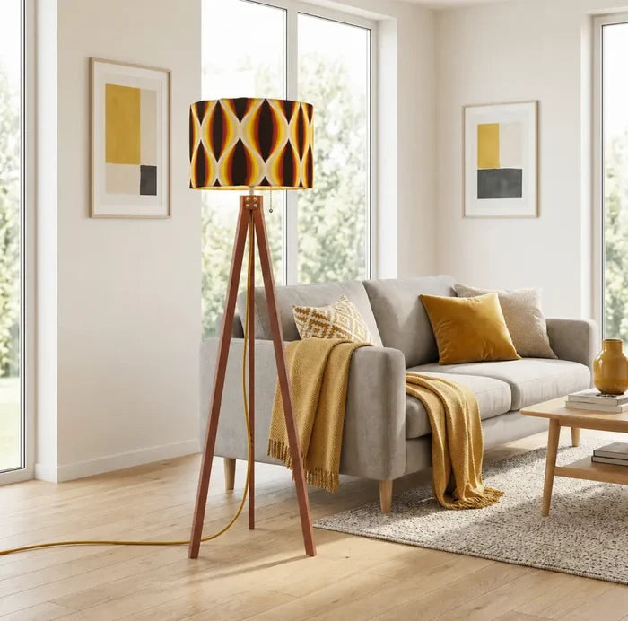 Retro Scandi Wooden Tripod Floor Lamp - 1960s Honeycomb Pattern Print - retro floor lamps