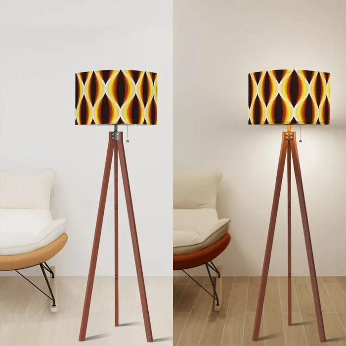 Retro Scandi Wooden Tripod Floor Lamp - 1960s Honeycomb Pattern Print - retro floor lamps