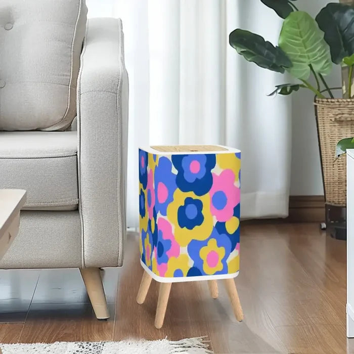 Retro Square Small Trash Can with Lid 1970s Flowers Blue Pink Yellow - One Size - retro tash cans