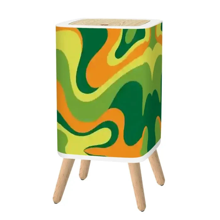 Retro Square Small Trash Can with Lid 1970s Psychedelic Swirl Acidwave Green Yellow Orange - One Size - retro tash cans