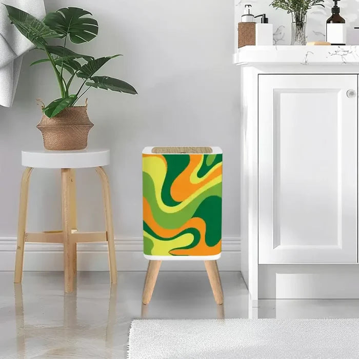 Retro Square Small Trash Can with Lid 1970s Psychedelic Swirl Acidwave Green Yellow Orange - One Size - retro tash cans