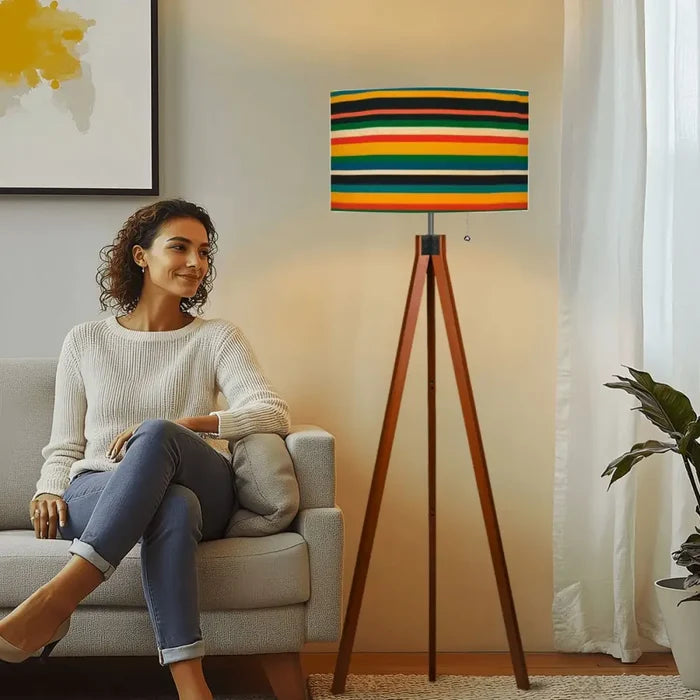 Retro Striped Nordic Floor Lamp – Smart LED Lighting Tripod Legs Linen Lampshade - retro floor lamps