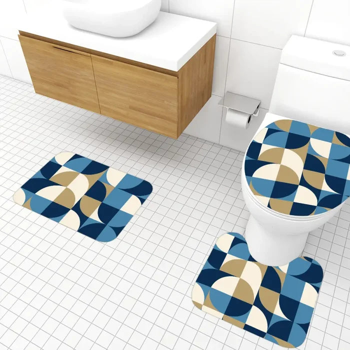 Retro Style Bathroom Mat Set | Retro Midcentury 3-Piece Rugs Geometric Blue Black Brown White - One Size - retro