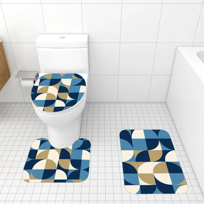 Retro Style Bathroom Mat Set | Retro Midcentury 3-Piece Rugs Geometric Blue Black Brown White - One Size - retro
