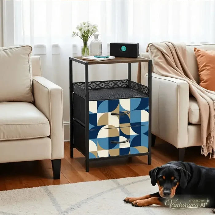 Retro 60s Geometric Bedside Table with Charging Station & Storage - retro bedside table