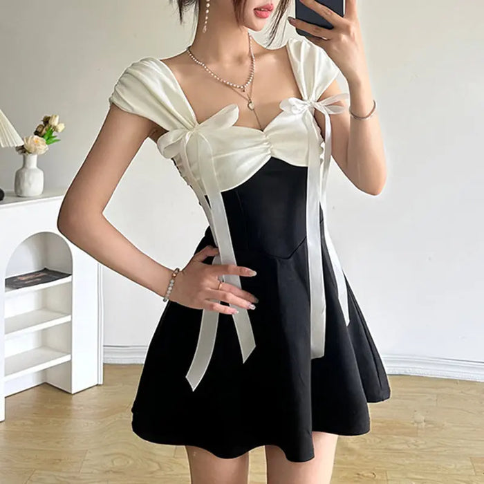 Bow Ribbon Pleated Mini Dress fashionnsio