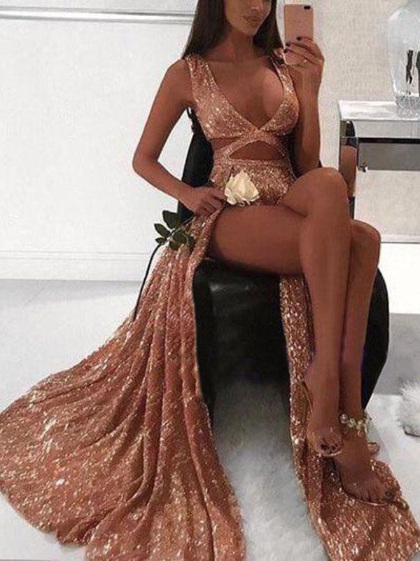 Rose Gold Sequin Sexy Side Slit Sleeveless Prom Dresses, PD00183