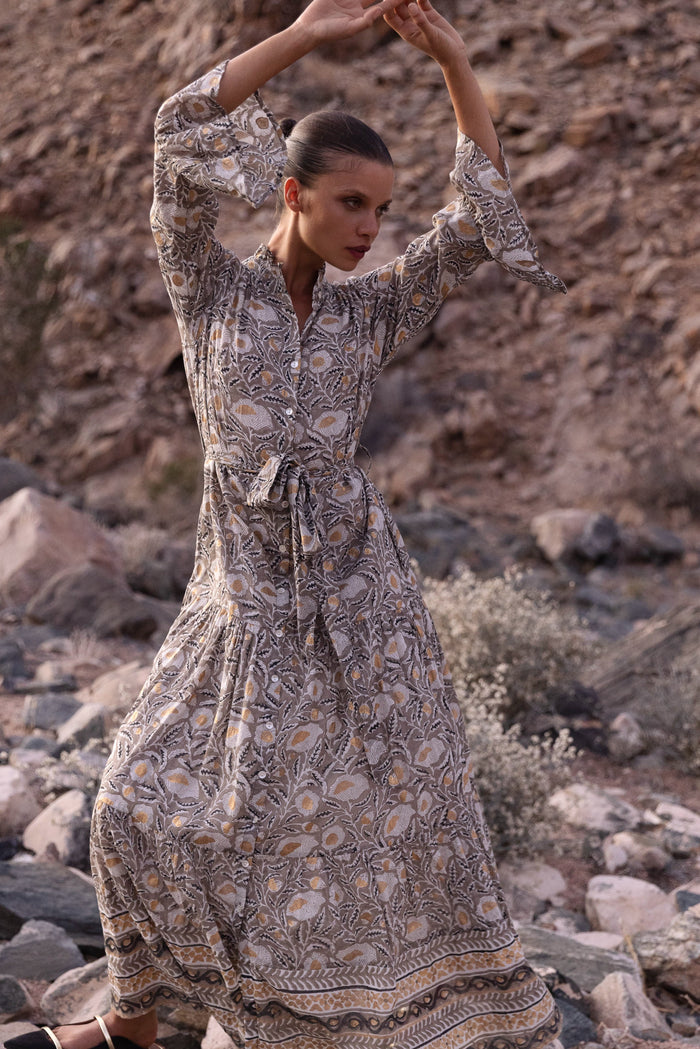 Ruffle Collar Bell Maxi- Birch Taupe