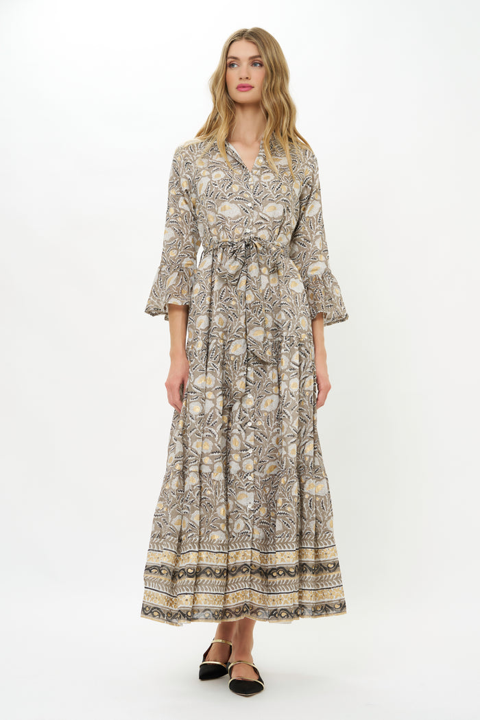 Ruffle Collar Bell Maxi- Birch Taupe