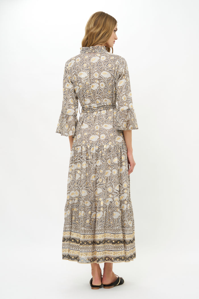 Ruffle Collar Bell Maxi- Birch Taupe