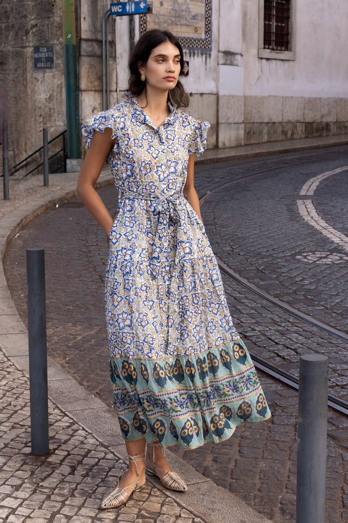 Ruffle Collar Button Maxi- Ivy Cobalt