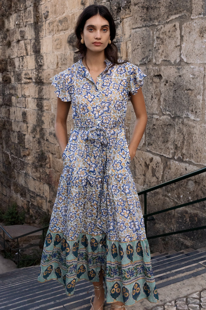 Ruffle Collar Button Maxi- Ivy Cobalt