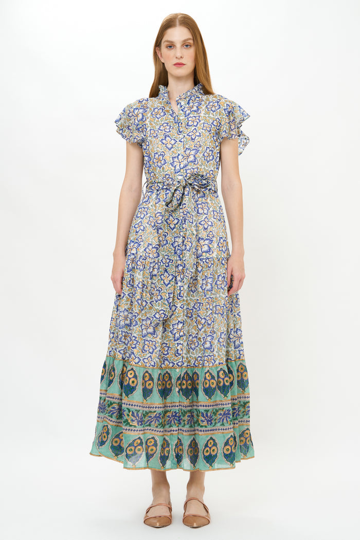 Ruffle Collar Button Maxi- Ivy Cobalt