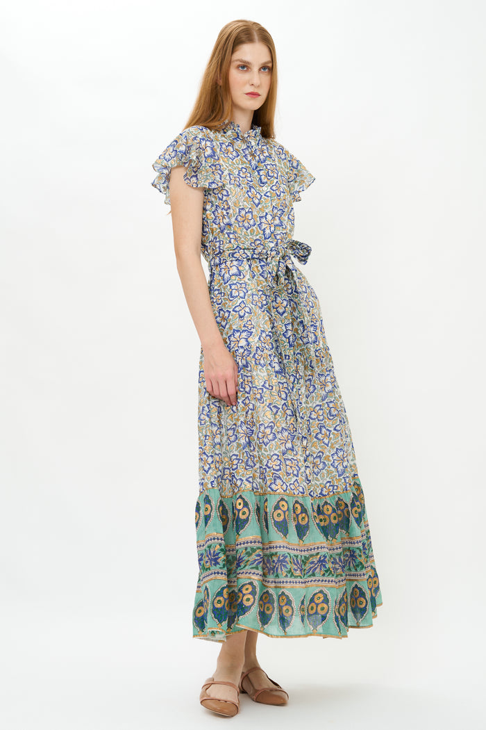 Ruffle Collar Button Maxi- Ivy Cobalt