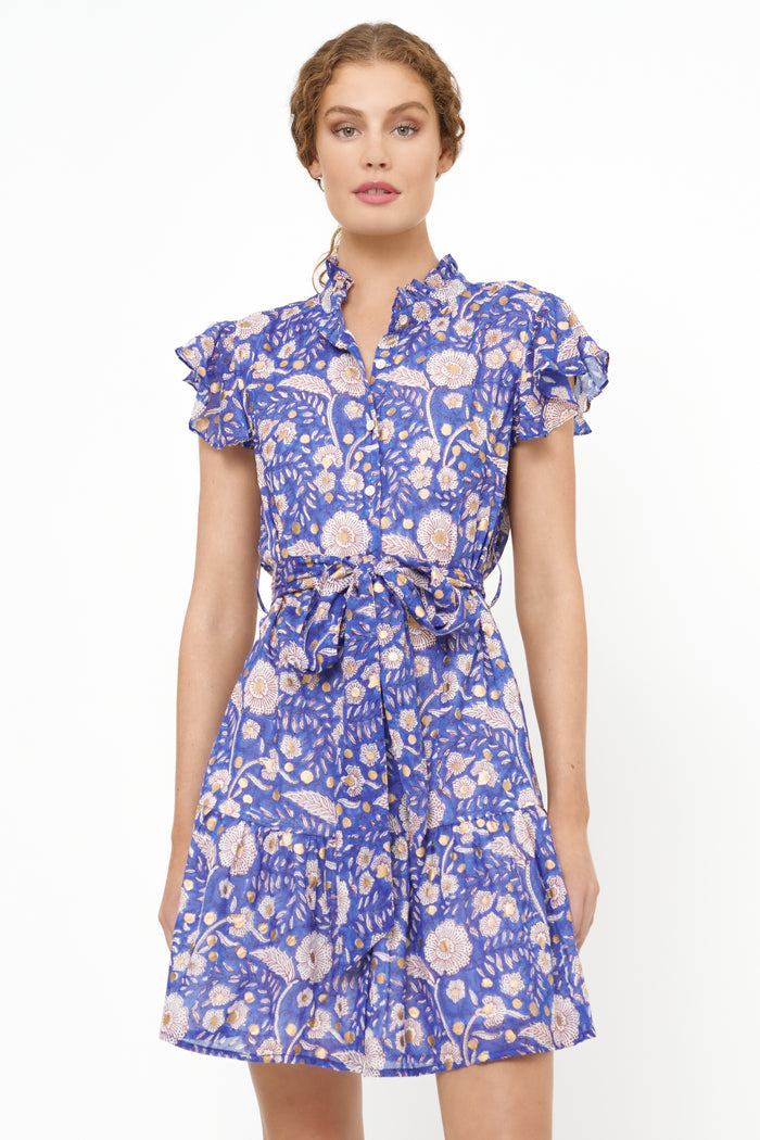 Ruffle Collar Button Mini- Carolina Cobalt