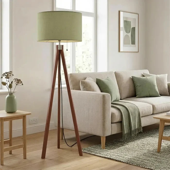 Sage Green Wooden Tripod Floor Lamp - Retro Nordic Scandi Light - retro floor lamps