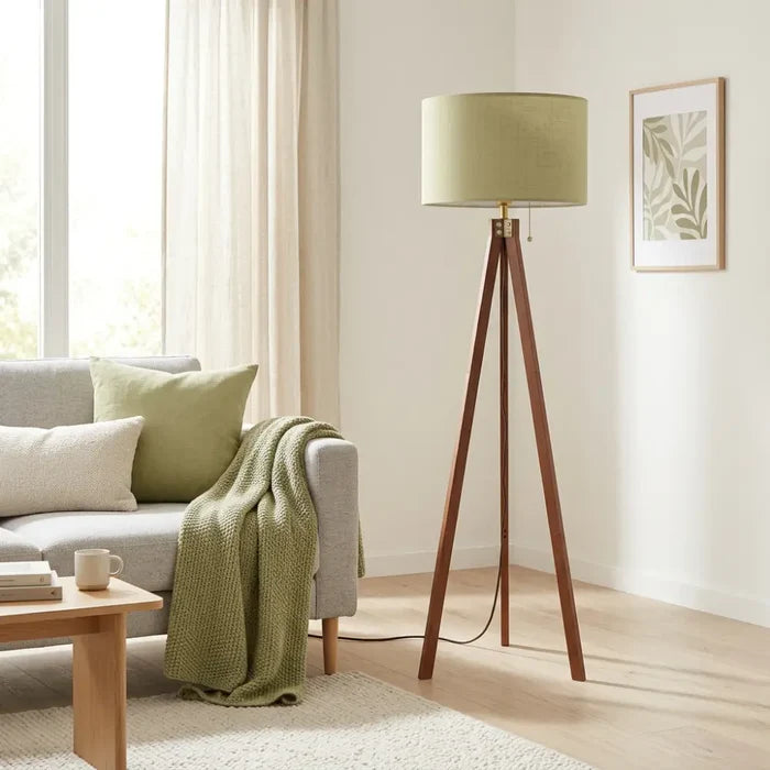 Sage Green Wooden Tripod Floor Lamp - Retro Nordic Scandi Light - retro floor lamps