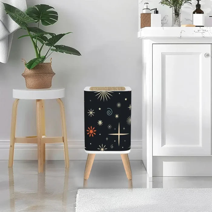Scandi Midcentury Modern Trash Can with Lid: Retro 1960s Celestial Christmas Stars Black - One Size - retro tash cans