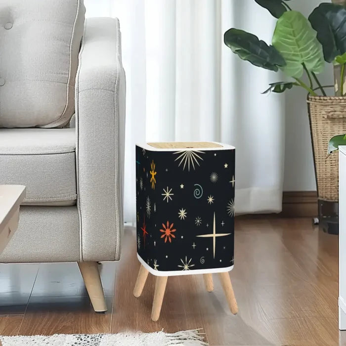 Scandi Midcentury Modern Trash Can with Lid: Retro 1960s Celestial Christmas Stars Black - One Size - retro tash cans