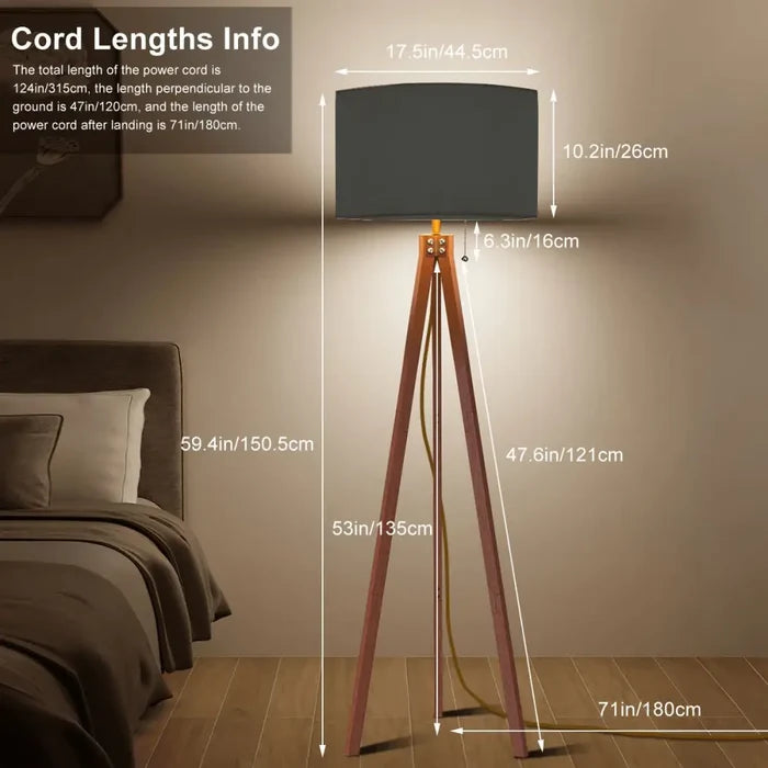 Scandi Nordic Wooden Tripod Floor Lamp with Dark Grey Fabric Shade - retro floor lamps
