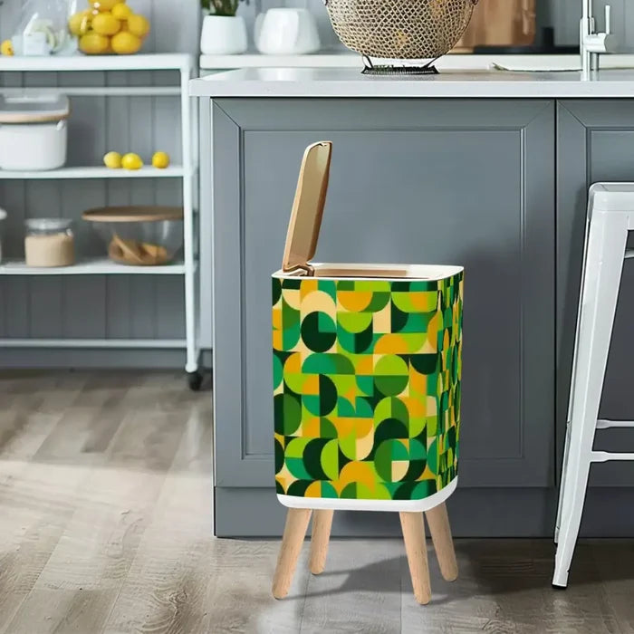 Scandi Retro Square Small Trash Can with Lid 1970s Geomwetric Green Orange Yellow - One Size - retro tash cans