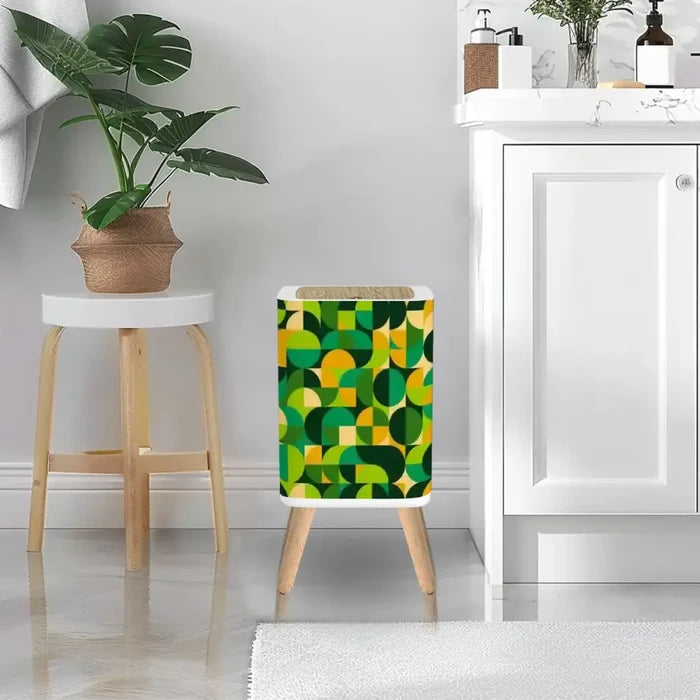 Scandi Retro Square Small Trash Can with Lid 1970s Geomwetric Green Orange Yellow - One Size - retro tash cans