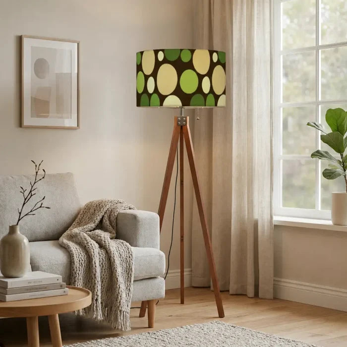 Scandi Retro Tripod Floor Lamp - 70s Moss Green Yellow Beige Dots - retro floor lamps