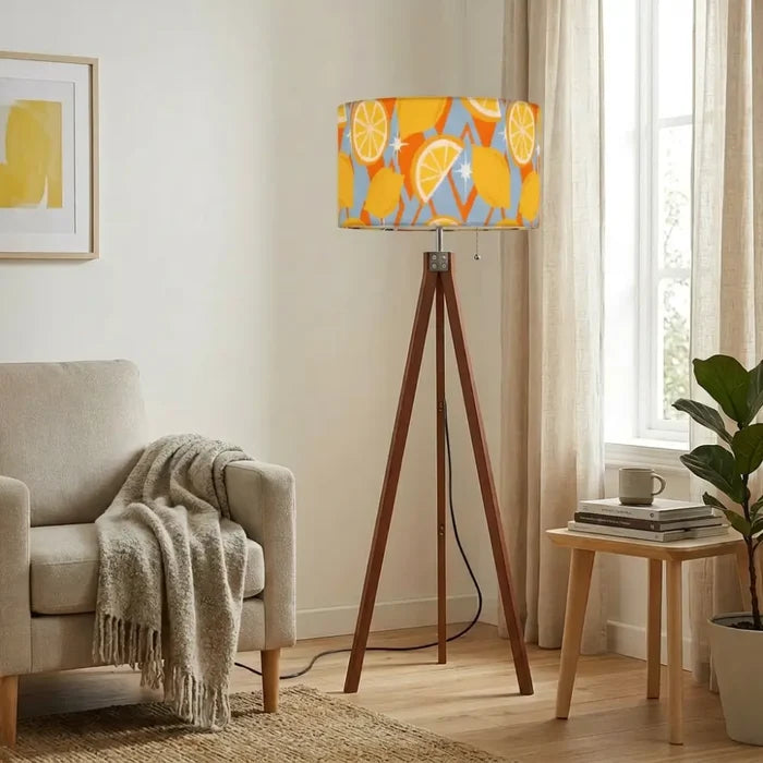 Scandi Retro Tripod Floor Lamp Mid Century Lemon Fruits Pattern - retro floor lamps