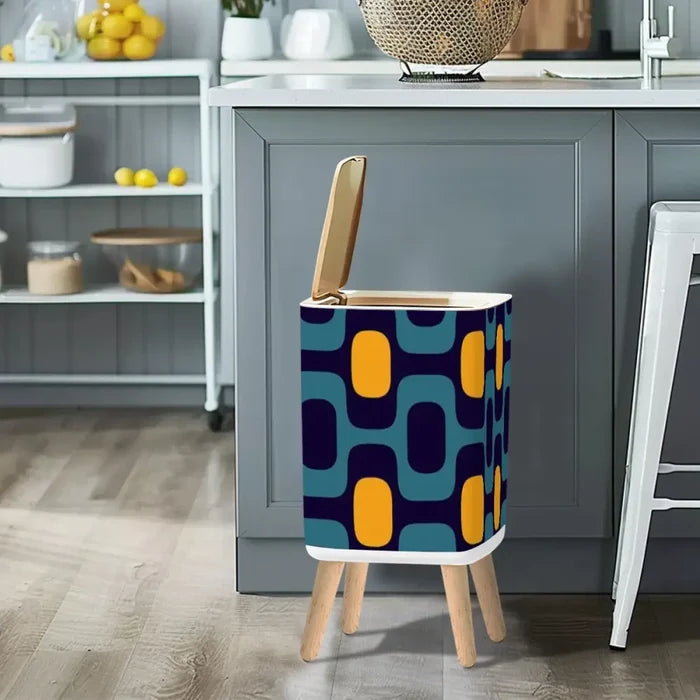 Scandi Square Small Trash Can with Lid 1970s Blue Curry Yellow Geometric - retro ads