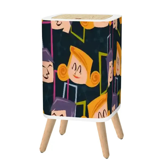 Scandi Square Small Trash Can with Lid Faces 50s Mid Century Pattern Black - One Size - retro tash cans