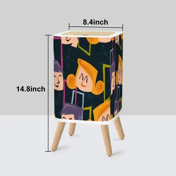 Scandi Square Small Trash Can with Lid Faces 50s Mid Century Pattern Black - One Size - retro tash cans