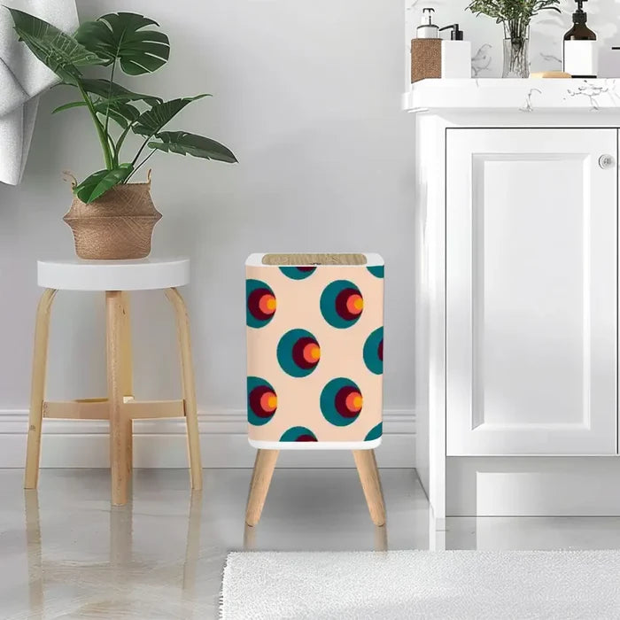 Scandi Square Small Trash Can with Lid Retro 1970s Mid Century Pattern Beige - One Size - retro tash cans