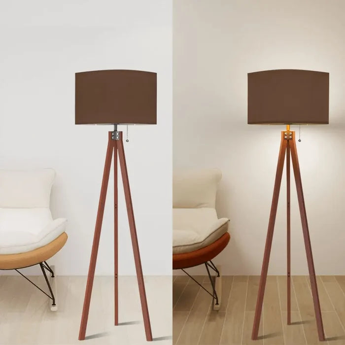 Scandi Wooden Tripod Floor Lamp Warm Brown Mocha Mousse Shade - retro floor lamps