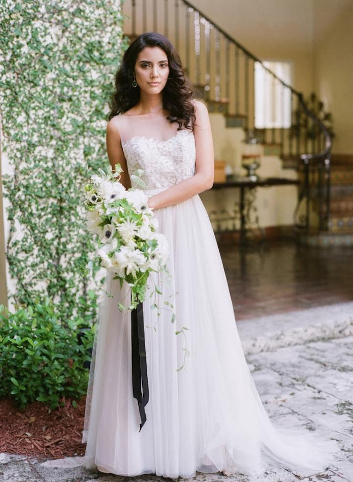 See Through Neckline Lace Top Tulle A-line Wedding Dresses, AB1170