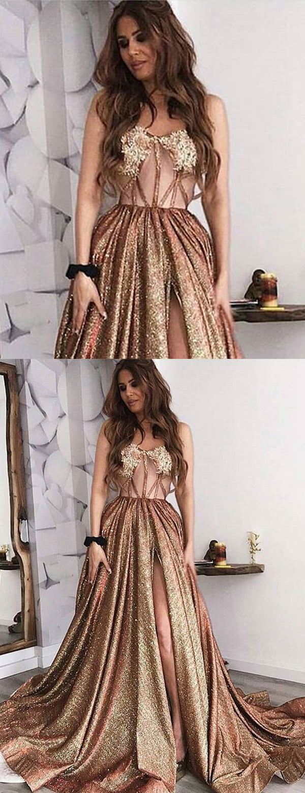 Shiny Sequin Satin Illusion Applique Sweetheart Strapless Prom Dresses,PD00176