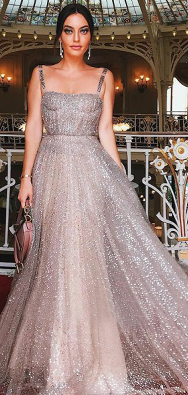 Shiny  Sequin Square Neck A-line Prom Dresses,PD00182