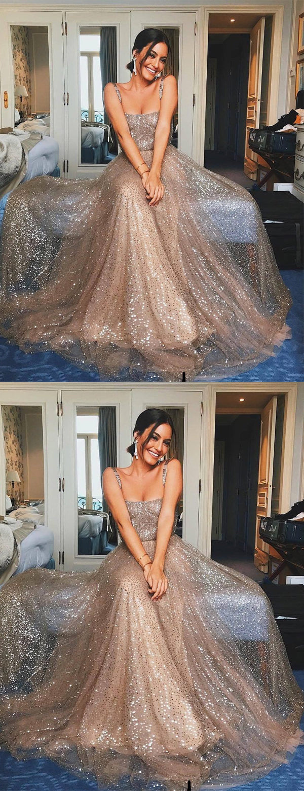 Shiny  Sequin Square Neck A-line Prom Dresses,PD00182