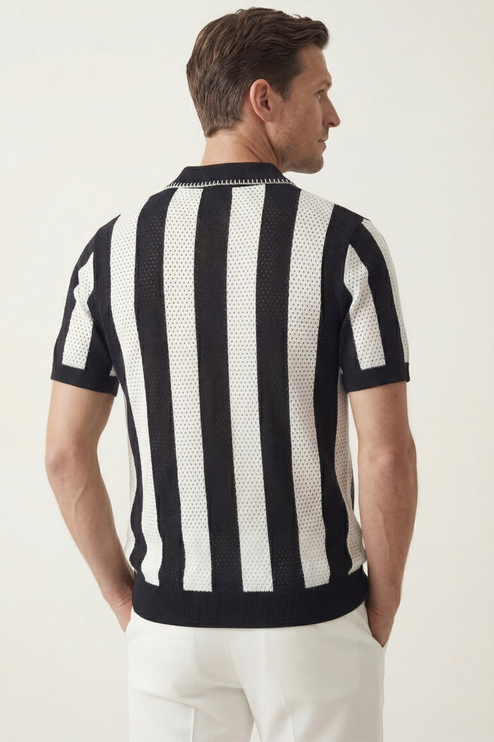 Silano Striped Knit Polo Black