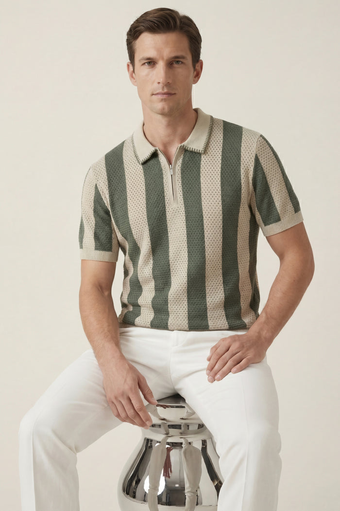 Silano Striped Knit Polo Green
