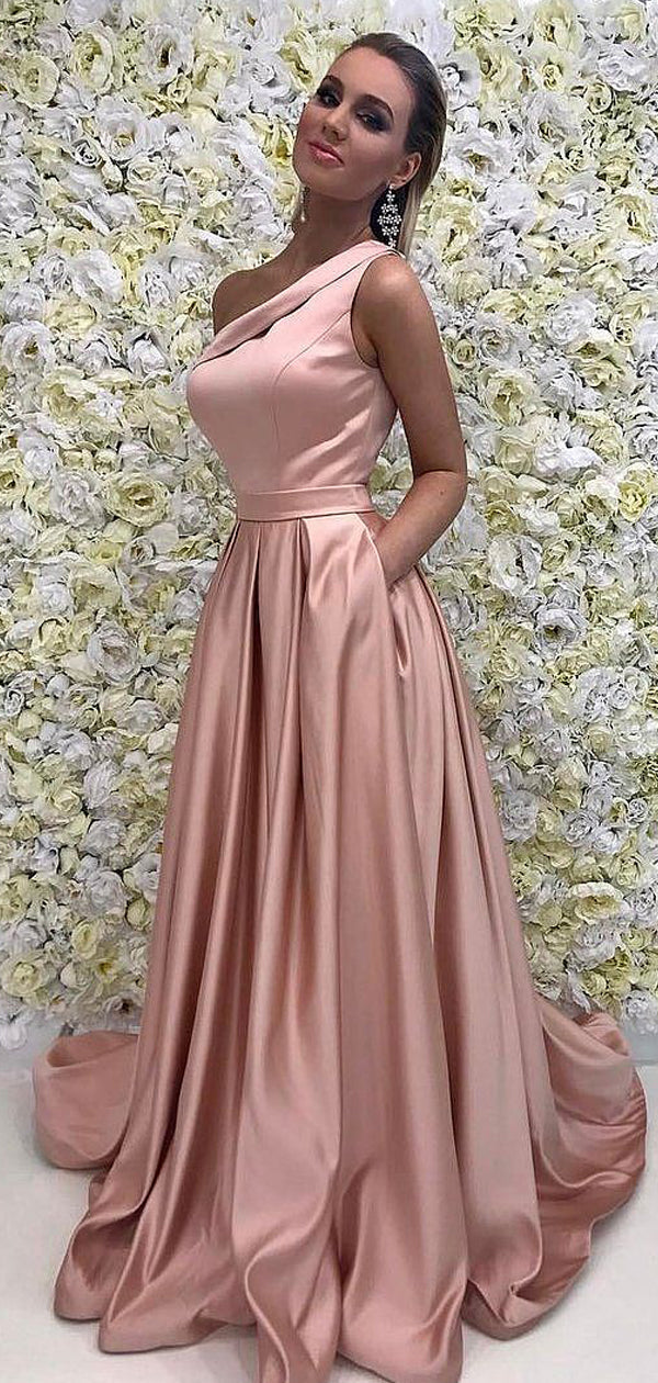 Simple One Shoulder  Blush Pink A-line Long Prom Dress, Evening Dress, PD00161