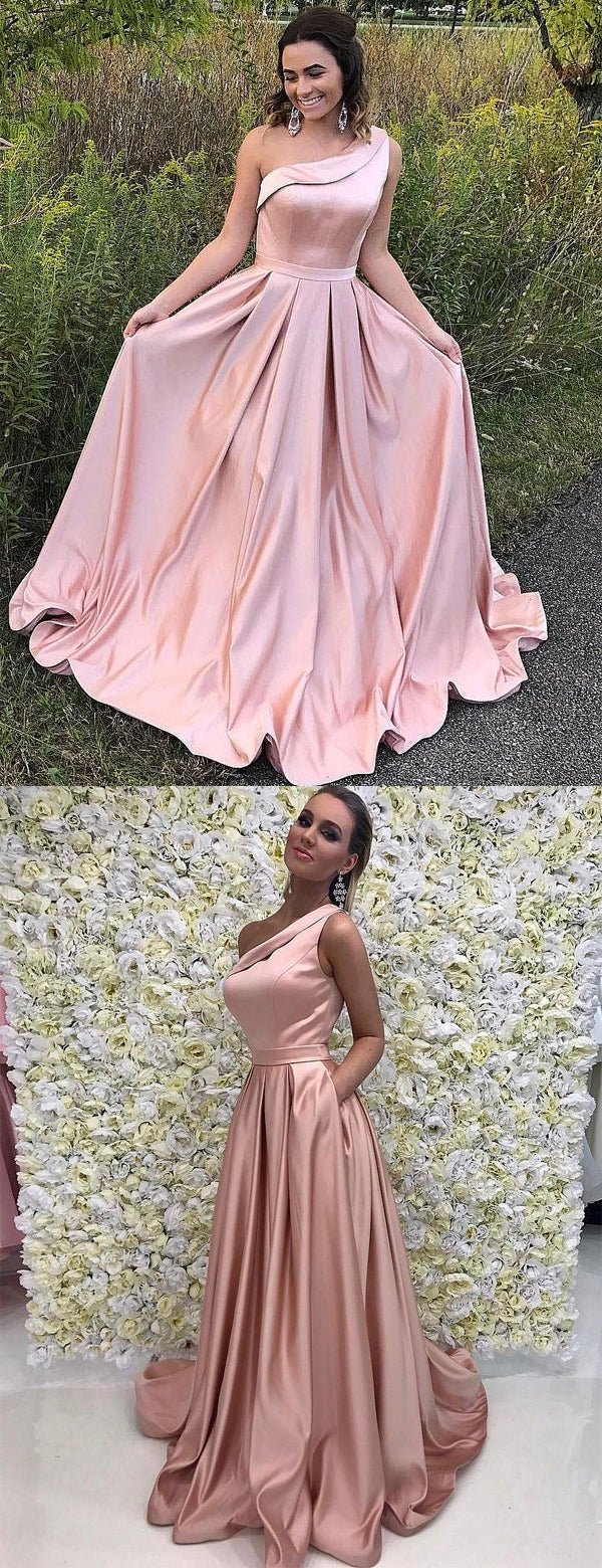Simple One Shoulder  Blush Pink A-line Long Prom Dress, Evening Dress, PD00161